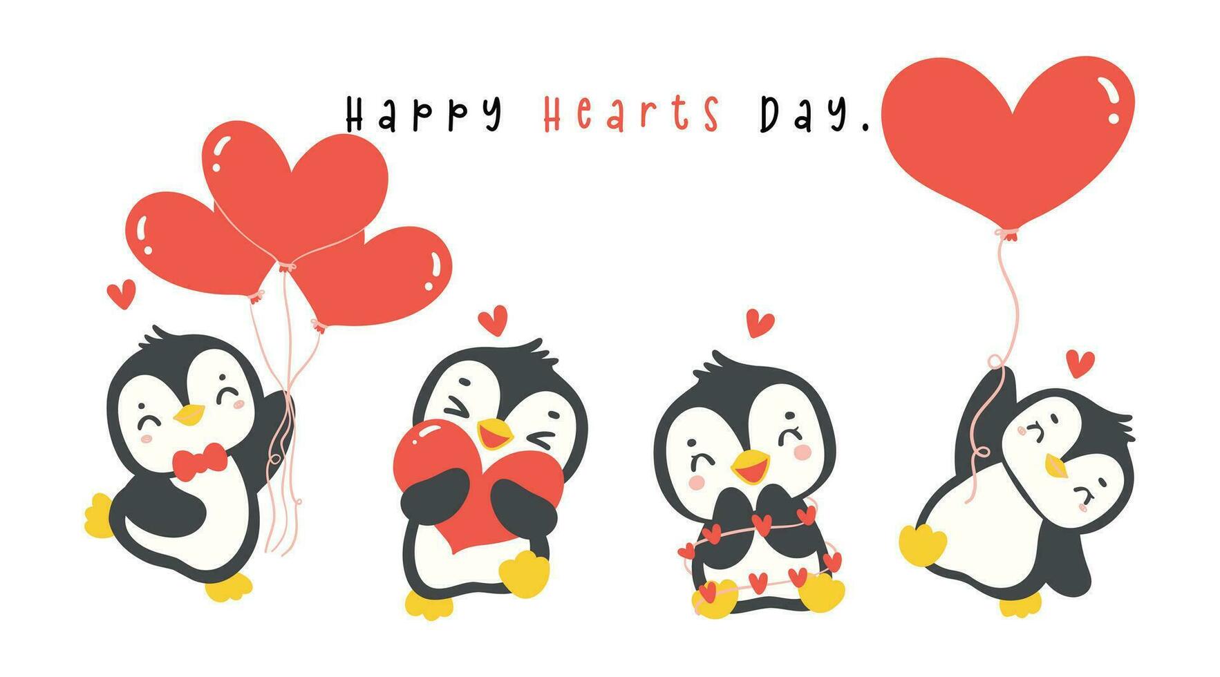 söt pingviner med hjärta tecknad serie teckning, söt valentine djur- karaktär illustration baner. vektor