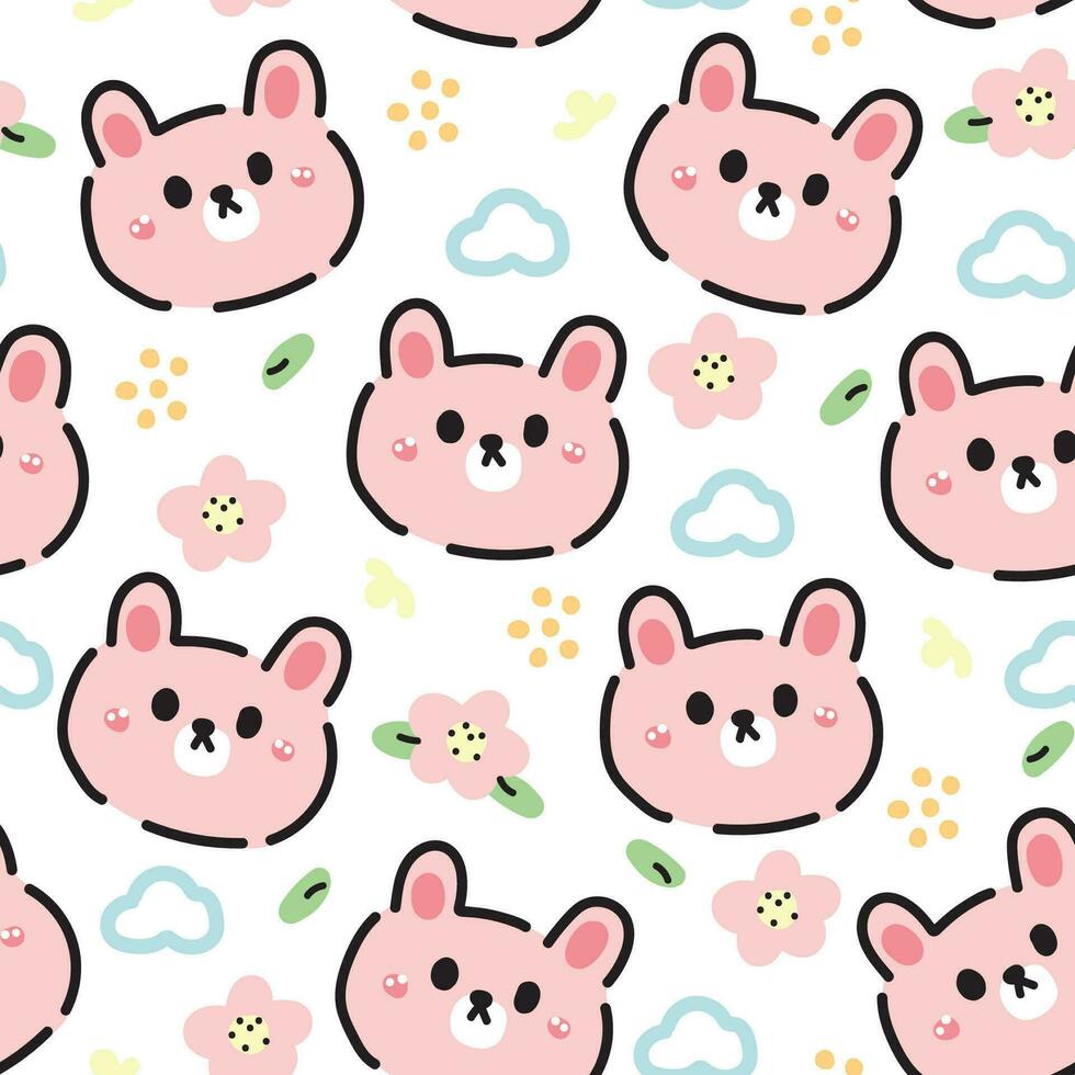 nahtlos Muster von süß Hase Gesicht Pastell- mit Wolke und Blume auf Weiß Hintergrund.Nagetier Tier Charakter Karikatur design.image zum Karte, Baby Kleidung, Druck screen.kawaii.vector.illustration. vektor