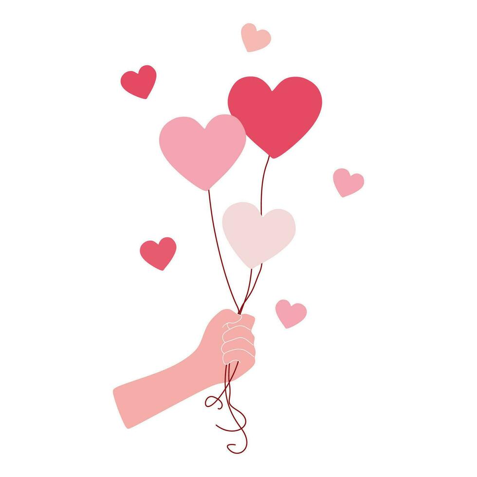 Hand halten Rosa Herz Luftballons isoliert auf Weiß Hintergrund. eben Karikatur Vektor Illustration. Valentinstag Tag Urlaub Dekoration, Gruß Karte Vorlage. Liebe und romantisch Gefühle Konzept.