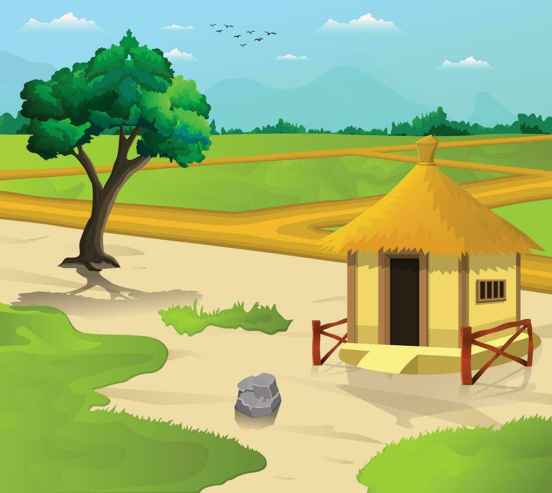Asien by illustration tecknad serie bakgrund av grön ängar, fält område, jordbrukare hus och omgiven förbi träd och berg. vektor