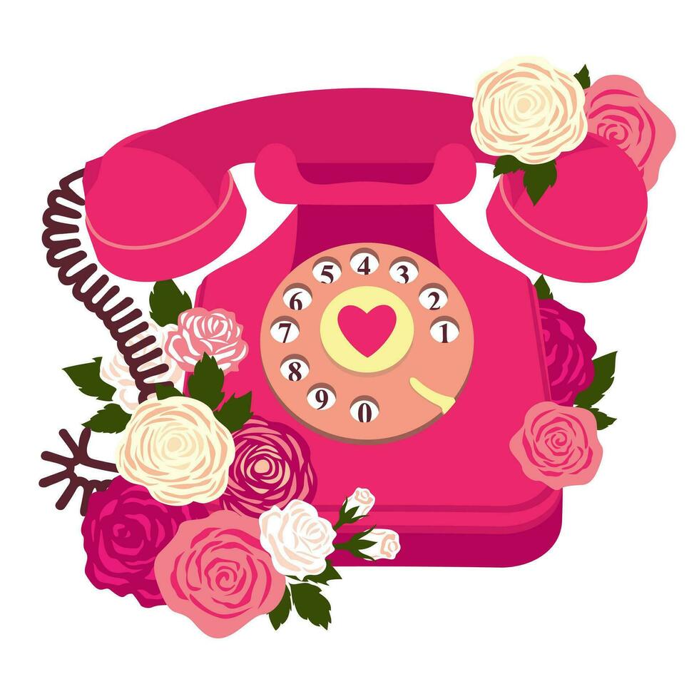 röd årgång telefon med rosor. en romantisk fast telefon telefon med en bukett av rosor. en telefon för kärlek meddelanden på hjärtans dag. illustrerade vektor ClipArt.