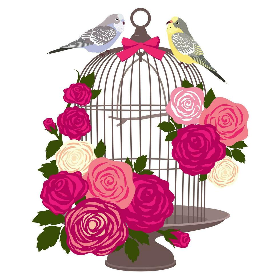 Lovebirds sind Sitzung auf ein Käfig. ein Vogelkäfig mit romantisch Rosen und Wellensittiche. ein Paar von wellig Papageien. illustriert Vektor Clip Art.