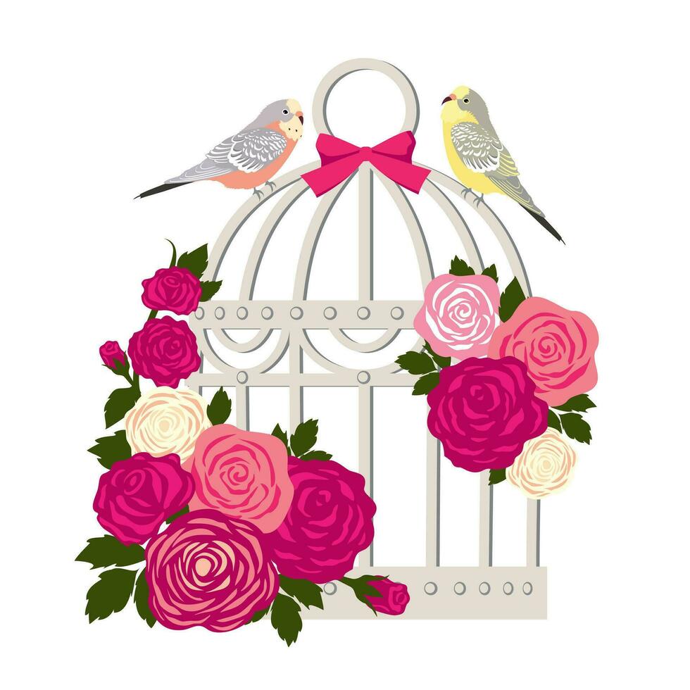Jahrgang Vogel Käfig mit Wellensittiche. ein romantisch Käfig mit Blühen Rosen und Turteltauben. illustriert Vektor Clip Art.