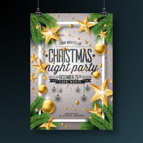 Vector Christmas Party Flygdesign med Holiday Typografi Elements and Ornamental Ball, Pine Branch på glänsande ljus bakgrund.