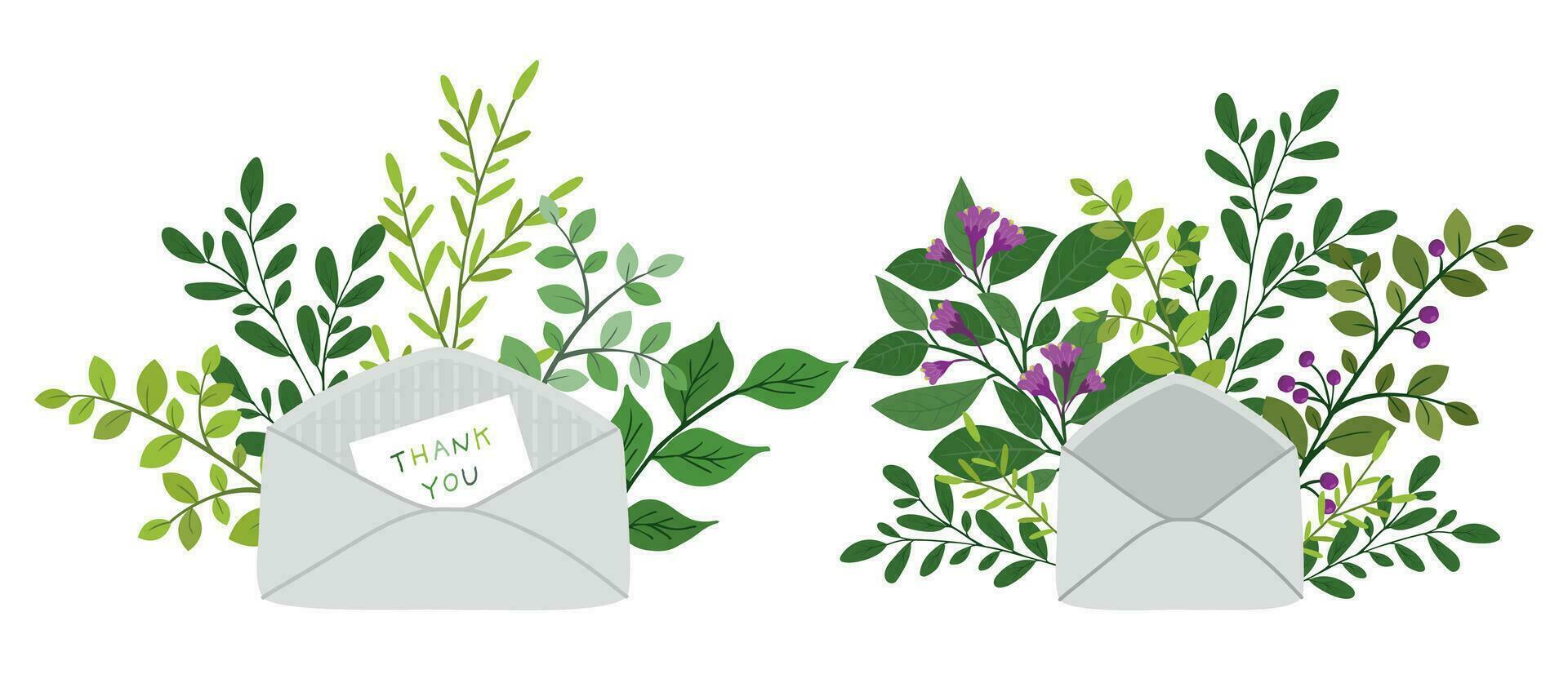 blommor och papper kuvert isolerat illustration. vår blommig post. vektor design begrepp för valentines dag, mor s dag, kvinnor s dag högtider