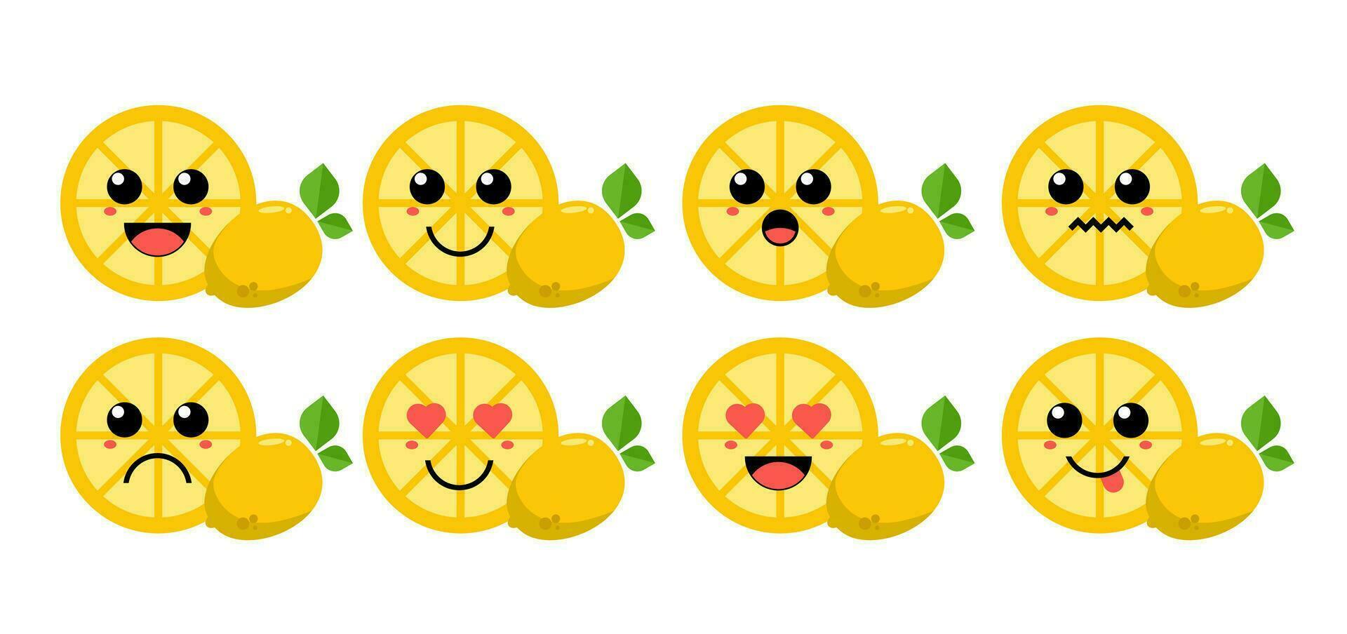 einstellen von süß Karikatur bunt Zitrone Scheibe mit anders Emotionen. komisch Emotionen Charakter Sammlung zum Kinder. Fantasie Figuren. Vektor Illustrationen, Karikatur eben Stil