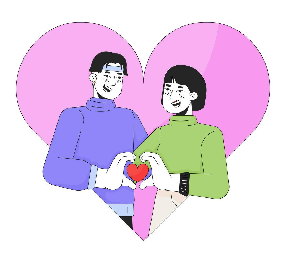 asiatisk ung vuxna möte själsfrände 14 februari 2d linjär illustration begrepp. valentine dag par tecknad serie tecken isolerat på vit. tillgivenhet hjärta liknelse abstrakt platt vektor översikt grafisk