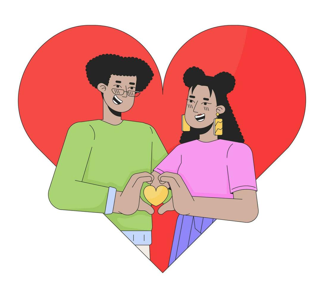 Beziehung heterosexuell Paar spanisch 2d linear Illustration Konzept. Valentinstag Tag Latein amerikanisch Karikatur Zeichen isoliert auf Weiß. passend App Metapher abstrakt eben Vektor Gliederung Grafik