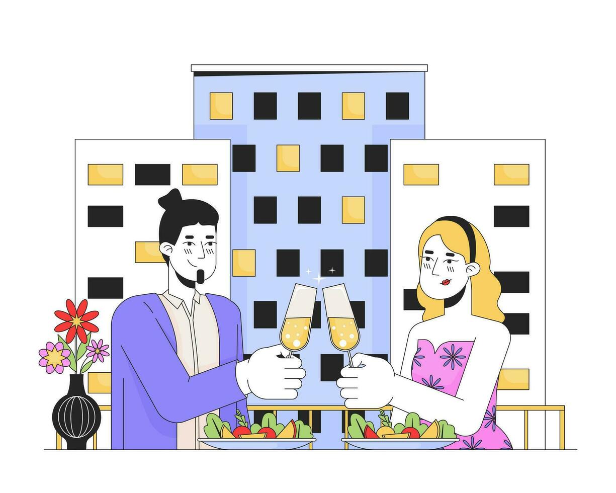 heterosexuell Paar auf Datum Nacht Restaurant Linie Karikatur eben Illustration. Champagner Klirren kaukasisch 2d lineart Zeichen isoliert auf Weiß Hintergrund. Valentinsgrüße Tag Szene Vektor Farbe Bild