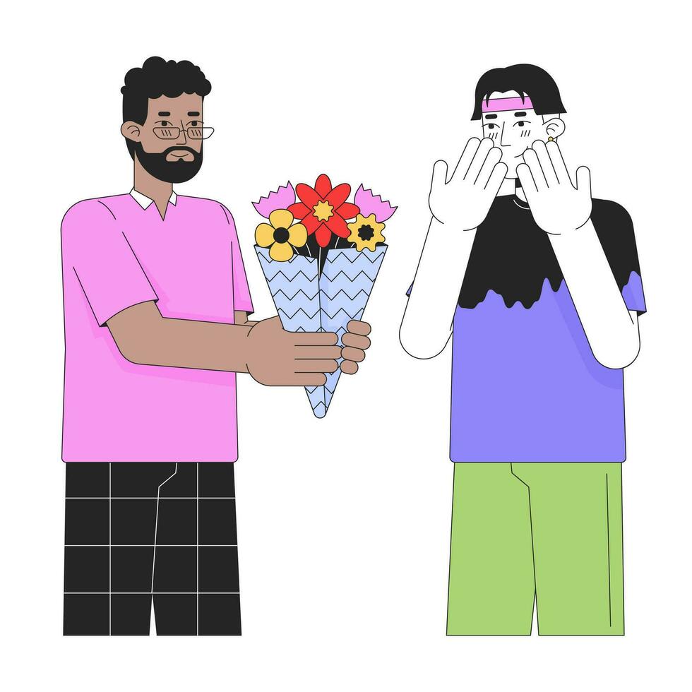 man gåvor blomma bukett till manlig älskare manlig linje tecknad serie platt illustration. interracial par Gay 2d linjekonst tecken isolerat på vit bakgrund. valentines närvarande scen vektor Färg bild