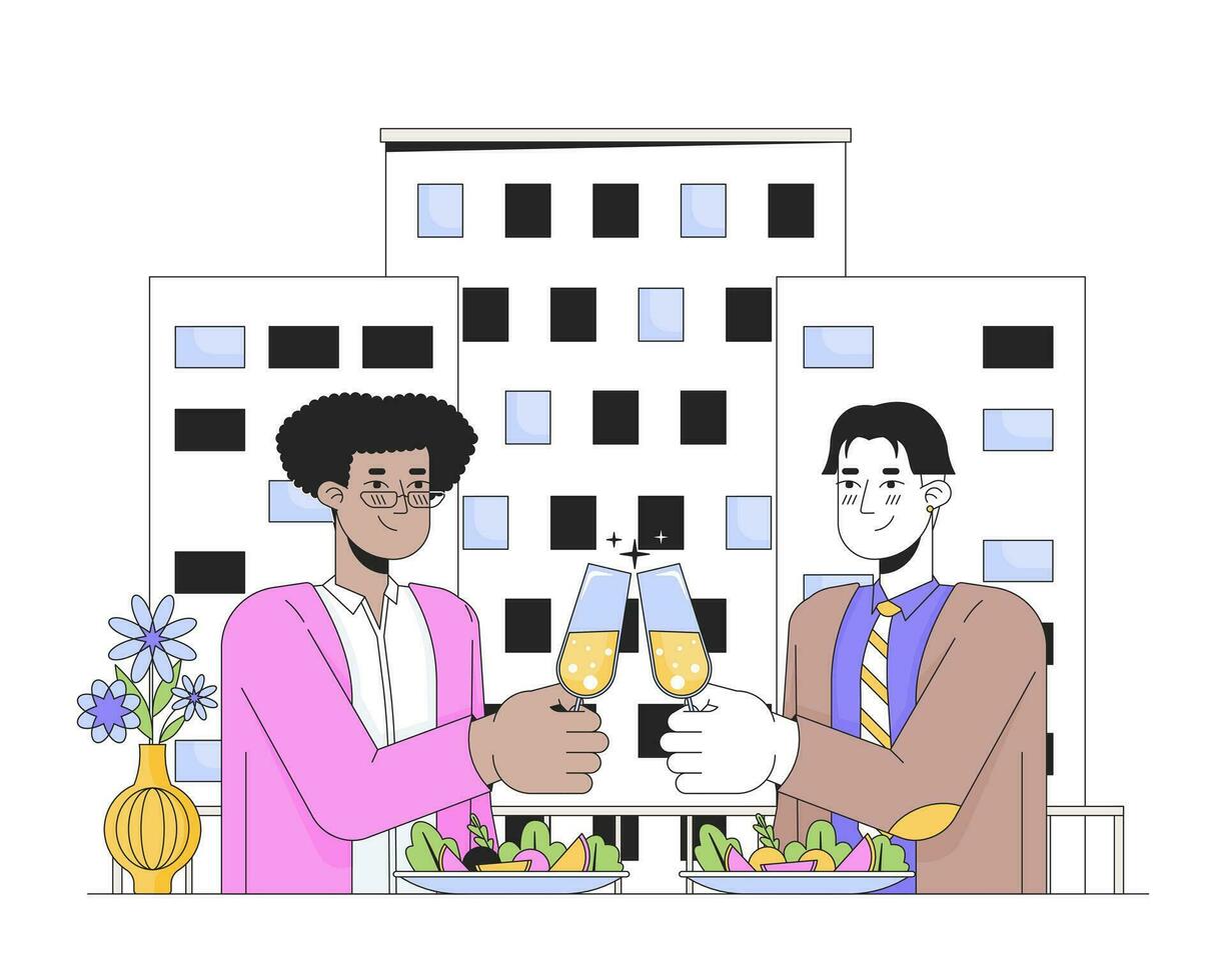 valentines Gay par middag linje tecknad serie platt illustration. olika pojkvänner rostat bröd champagne 2d linjekonst tecken isolerat på vit bakgrund. restaurang datum 14 februari scen vektor Färg bild