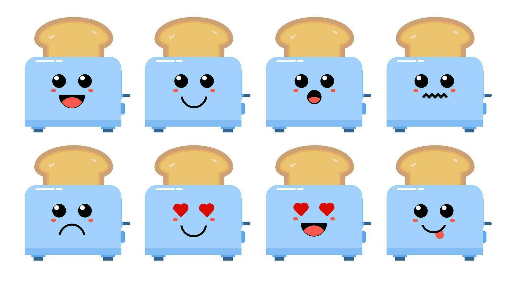 einstellen von süß Karikatur bunt Brot Toaster mit anders Emotionen. komisch Emotionen Charakter Sammlung zum Kinder. Fantasie Figuren. Vektor Illustrationen, Karikatur eben Stil.