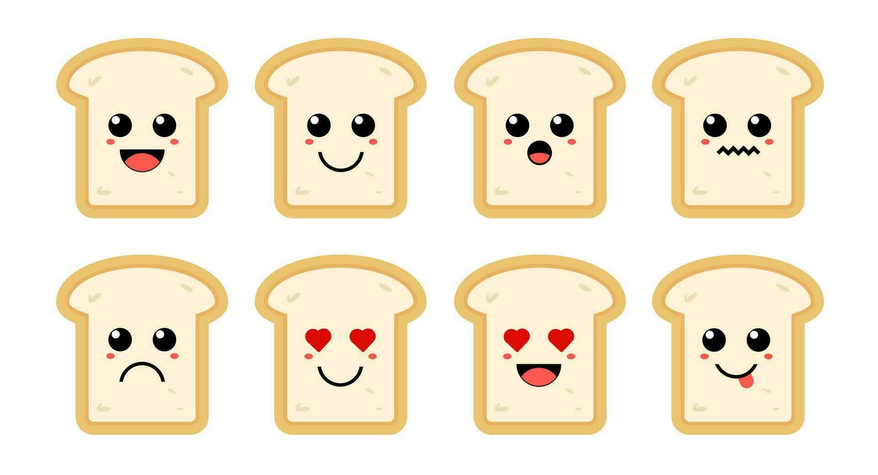 einstellen von süß Karikatur bunt Brot mit anders Emotionen. komisch Emotionen Charakter Sammlung zum Kinder. Fantasie Figuren. Vektor Illustrationen, Karikatur eben Stil