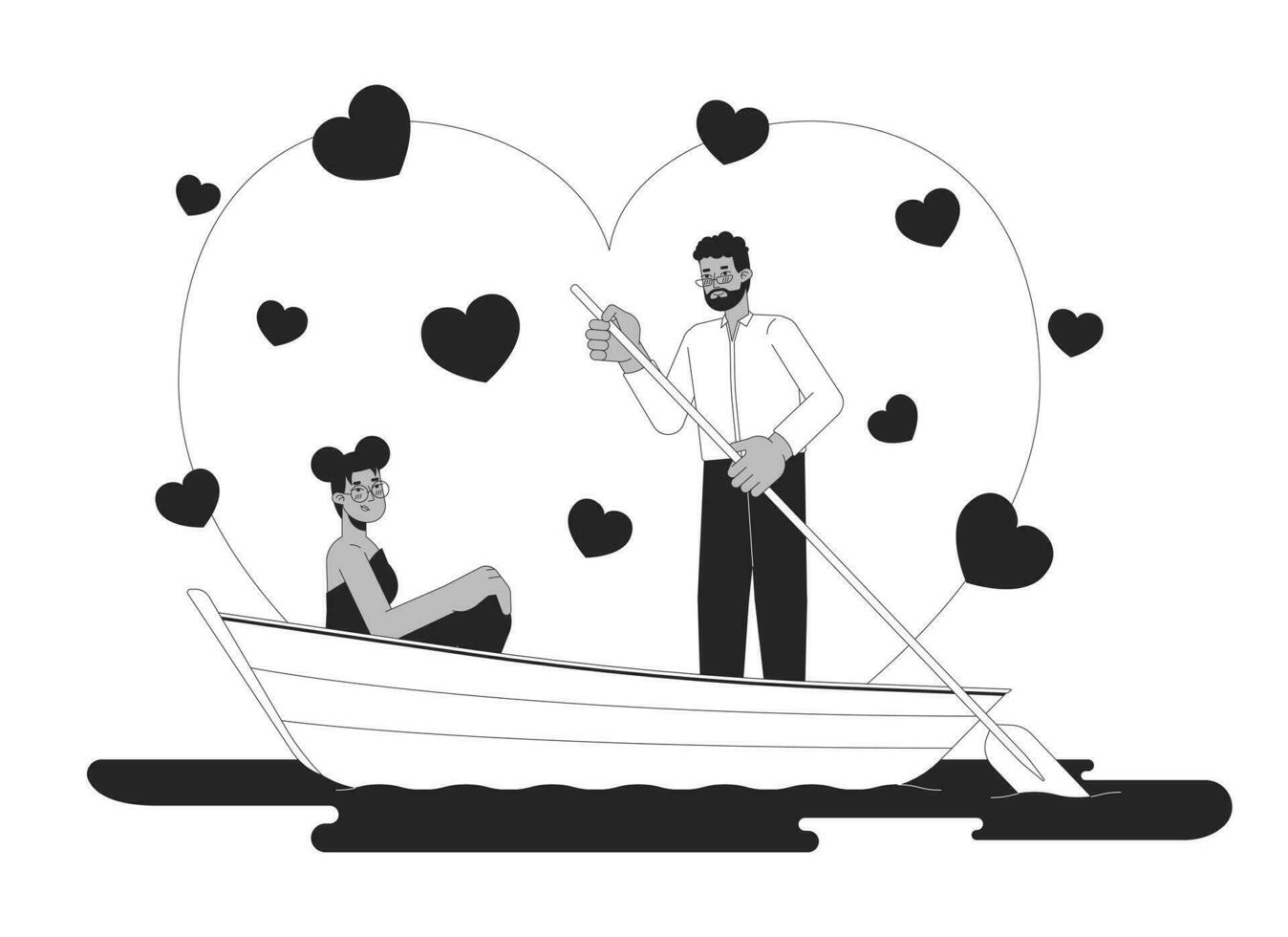 Valentinsgrüße Tag auf Wasser schwarz und Weiß 2d Illustration Konzept. afrikanisch amerikanisch heterosexuell Paar Karikatur Gliederung Zeichen isoliert auf Weiß. schwarz Mann mit Paddel Metapher einfarbig Vektor Kunst