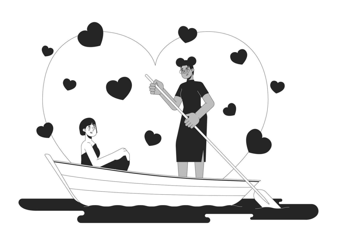 Freundinnen im Liebe Rudern Boot auf See schwarz und Weiß 2d Illustration Konzept. interracial Paar Lesben Liebhaber Karikatur Gliederung Zeichen isoliert auf Weiß. romantisch Metapher einfarbig Vektor Kunst