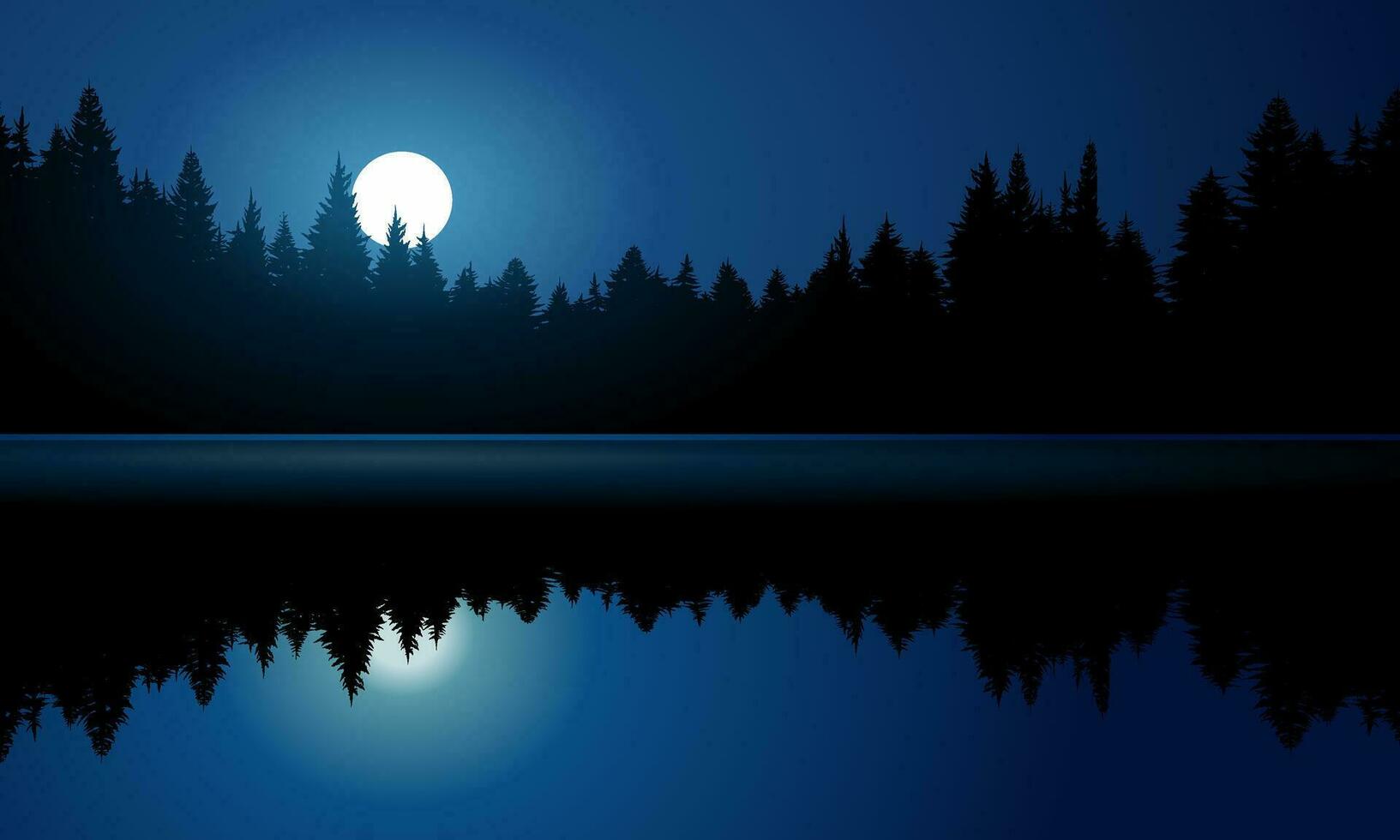 mörk blå natt på flod med skog och full måne vektor