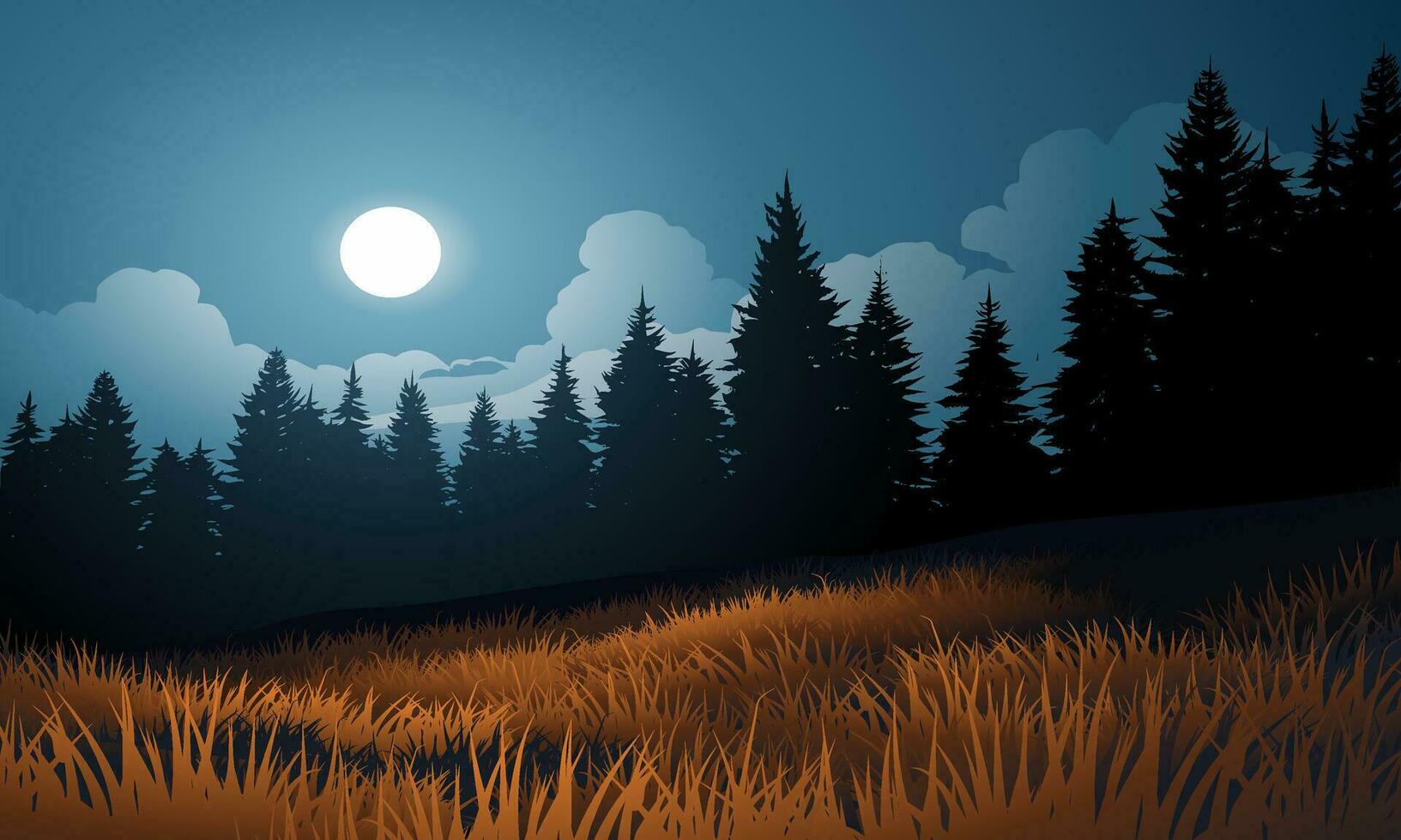 Nacht Landschaft im Kiefer Wald mit Mondlicht vektor