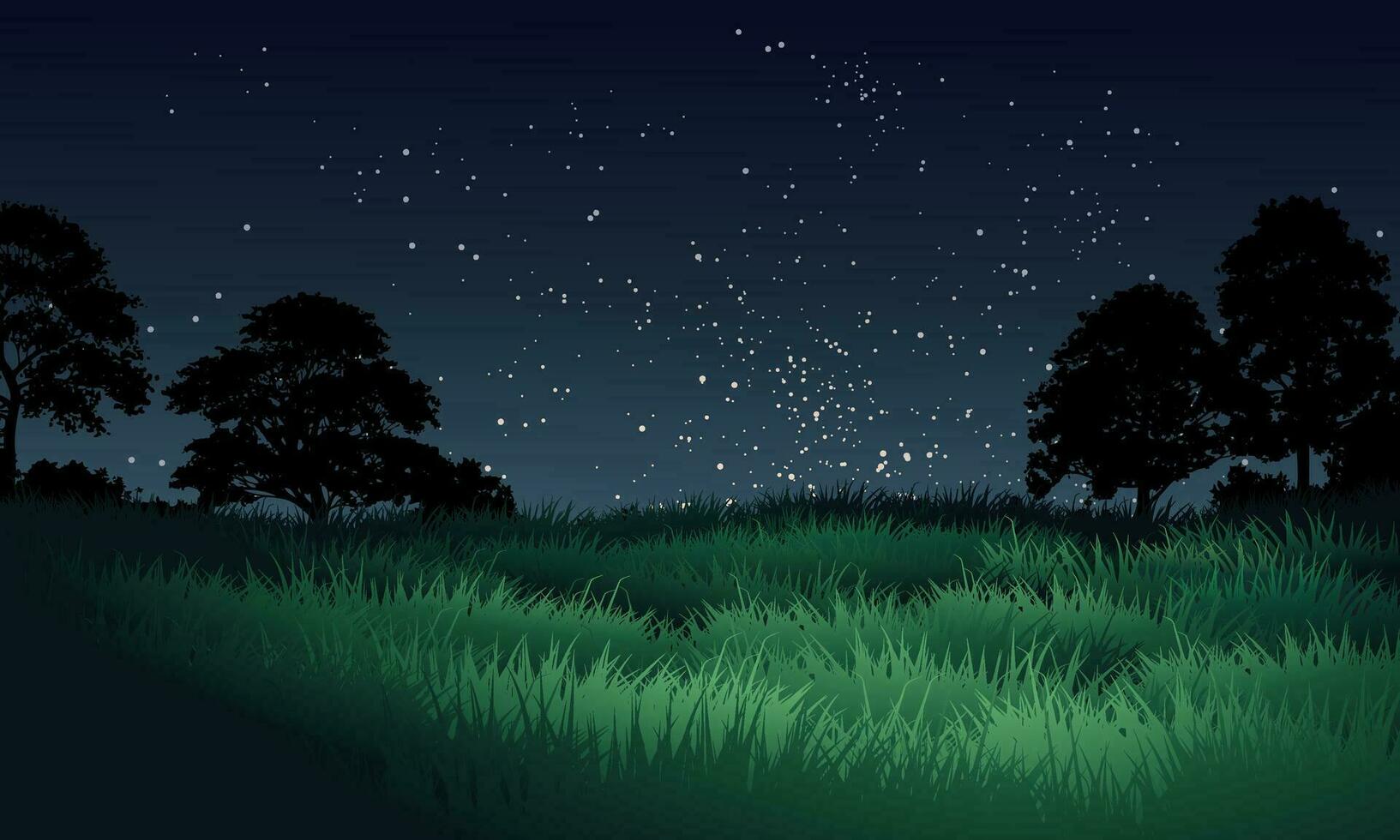 natt landskap i gräsmark med träd och starry himmel vektor