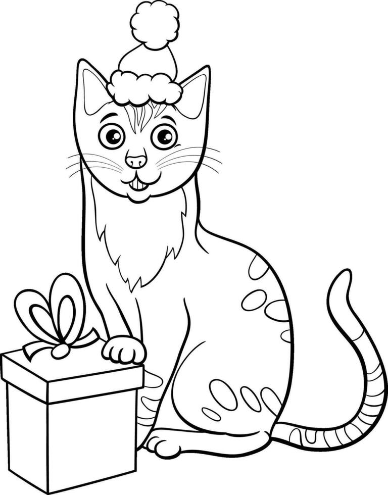 tecknad serie katt med närvarande på jul tid färg sida vektor