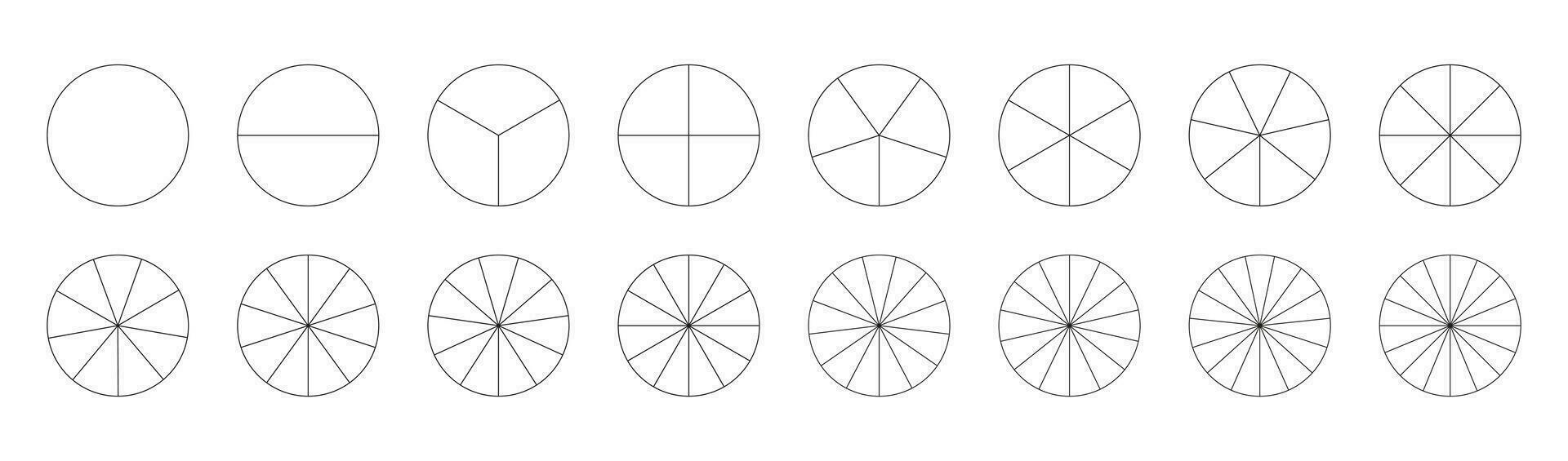 segmentiert Diagramme. Pizza Diagramm Vorlage. einstellen von Kuchen Diagramme. viele Nummer von Sektoren Teilen das Kreis auf gleich Teile. Sammlung von Segmente Infografik. Diagramm Rad Teile. Gliederung schwarz dünn Grafik vektor