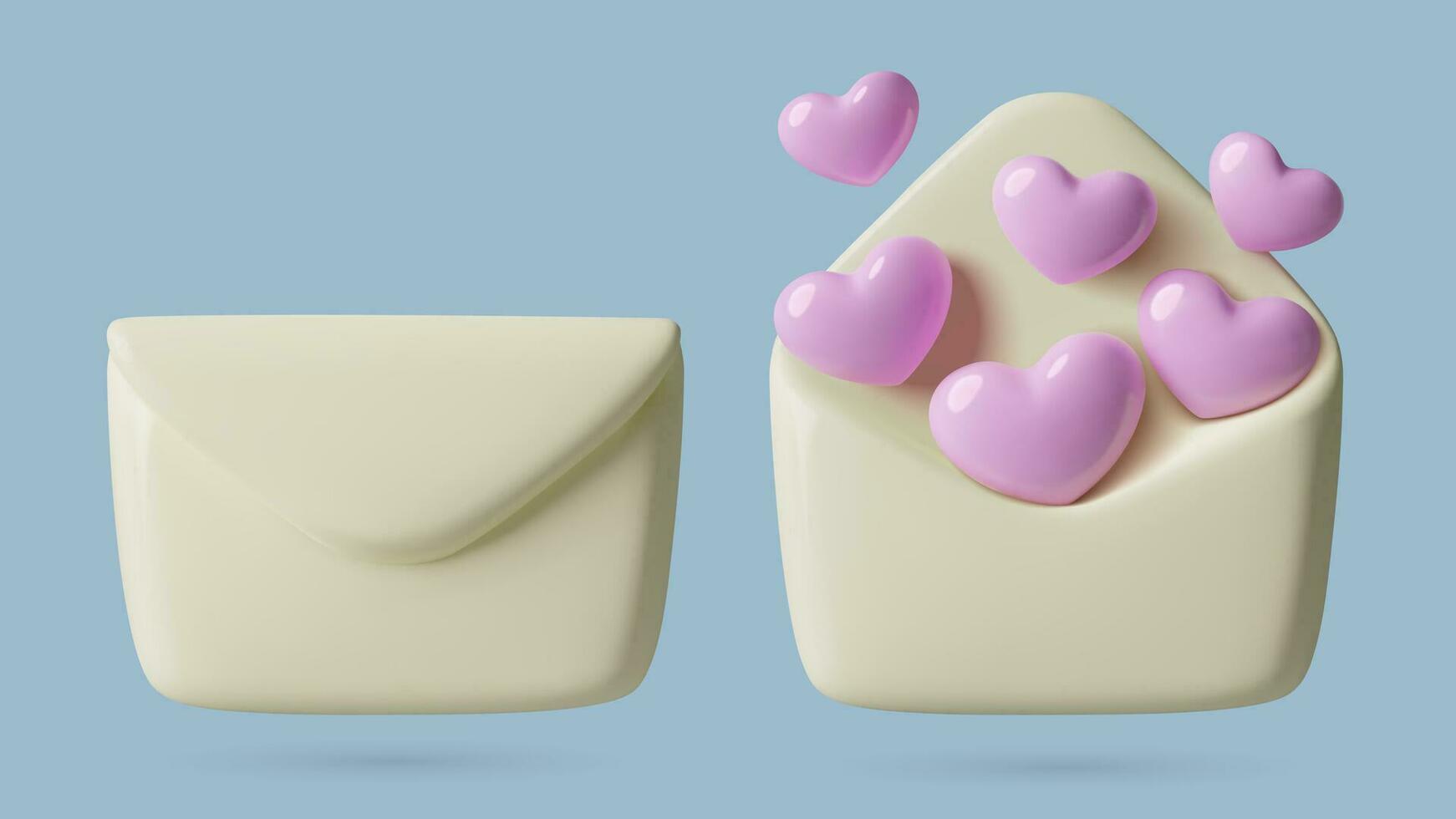 kuvert 3d ikoner uppsättning. hjärtans dag kärlek post begrepp. minimal plast stängd och öppnad brev med rosa hjärtan inuti. februari 14 vektor design element.