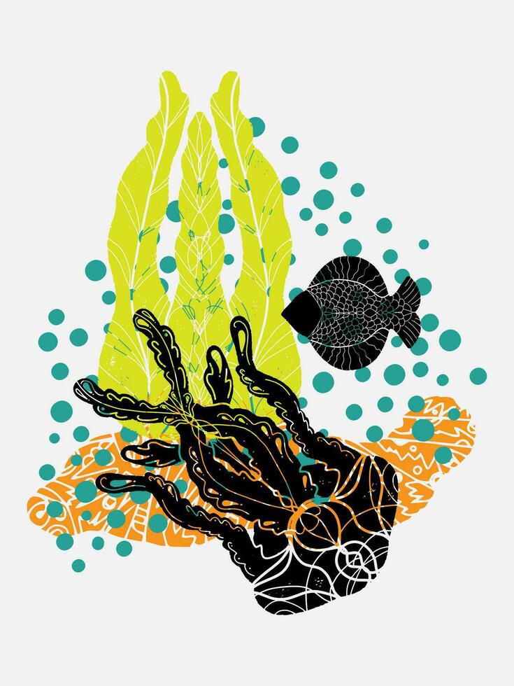 ein Zeichnung von ein Qualle und Fisch im das Ozean vektor