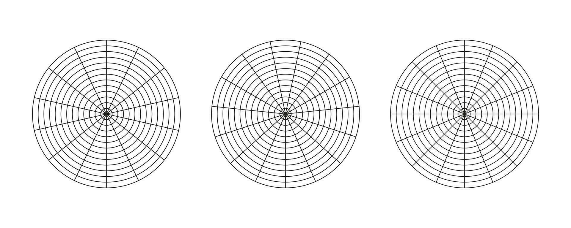 hjul av liv mallar. coaching verktyg för visualisera. cirkel diagram av liv stil balans. polär nät med segment och koncentrisk cirklar. ämnen av polär Graf papper. vektor illustration.