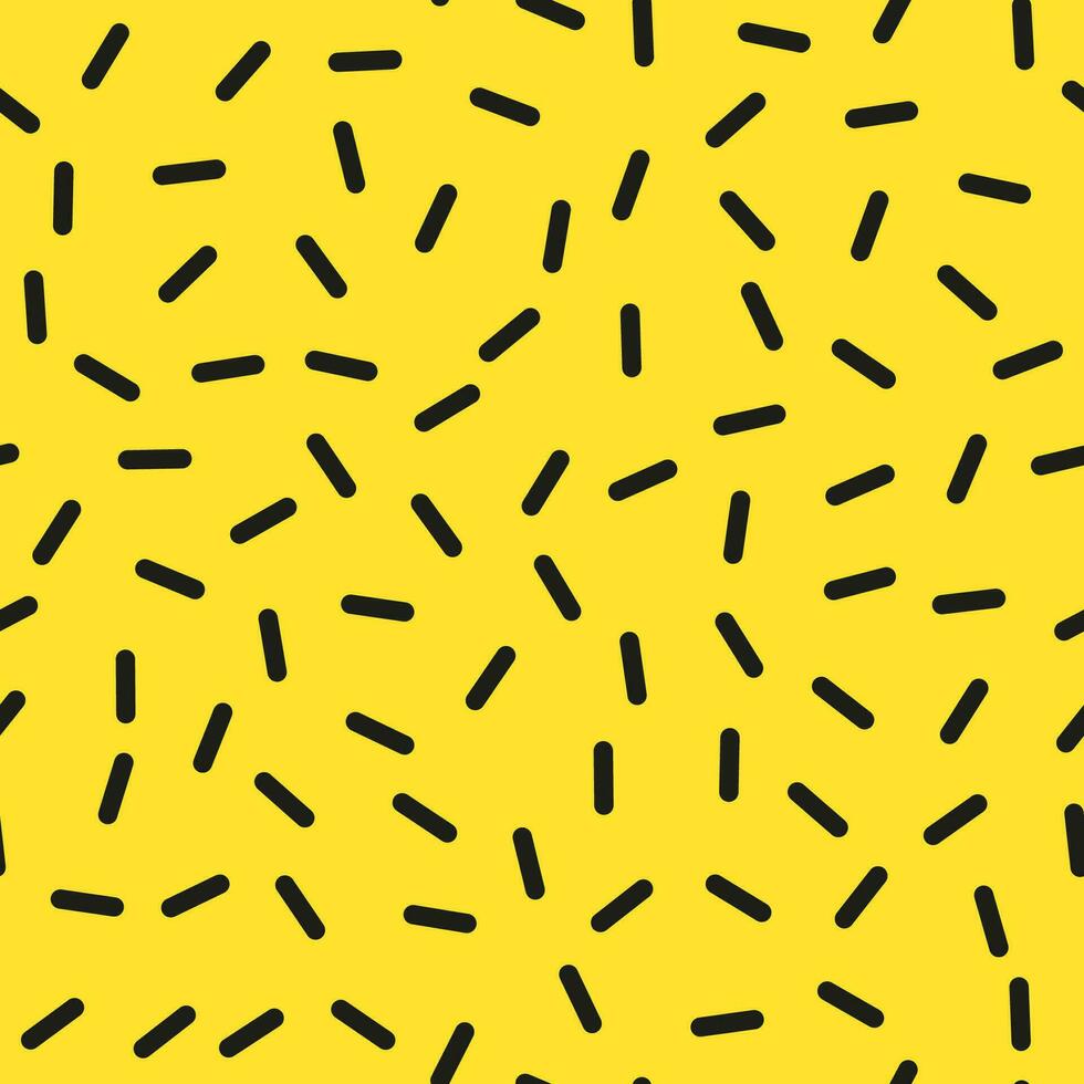 einfach minimalistisch nahtlos Muster, schwarz Hand gezeichnet süß Linien auf ein hell Gelb Hintergrund. Zucker Sträusel, Konfetti. vektor