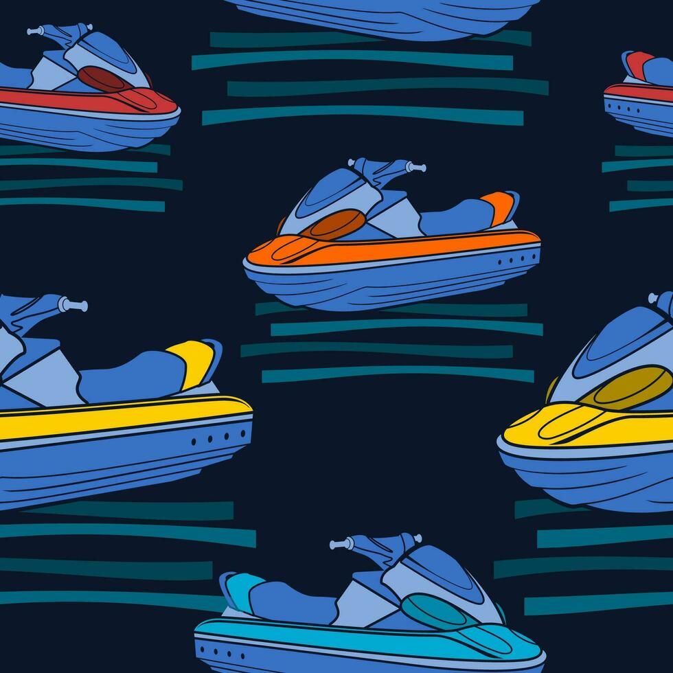 redigerbar främre sned se personlig vattenfarkost eller vatten skoter i olika färger på lugna vatten vektor illustration som sömlös mönster med mörk bakgrund för transport eller rekreation design