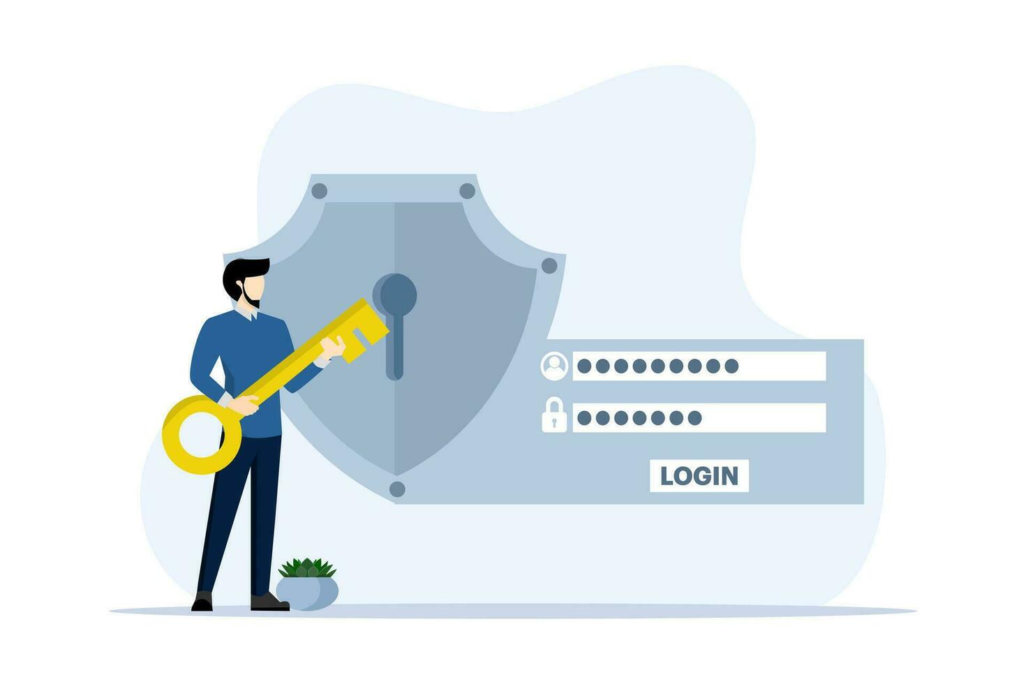 konto säkerhet begrepp, affärsman innehar nyckel till tillgång säkerhet systemet den där skyddar användare konto data och Lösenord för logga in. konto information och Lösenord. platt vektor illustration.