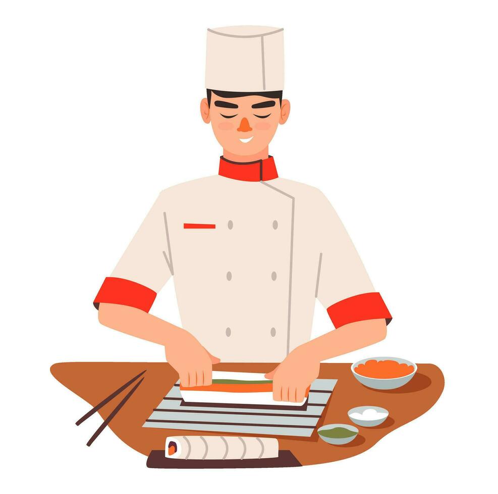 Sushi Koch Herstellung frisch Sushi Rollen. asiatisch Essen im ein Restaurant. eben Vektor Illustration