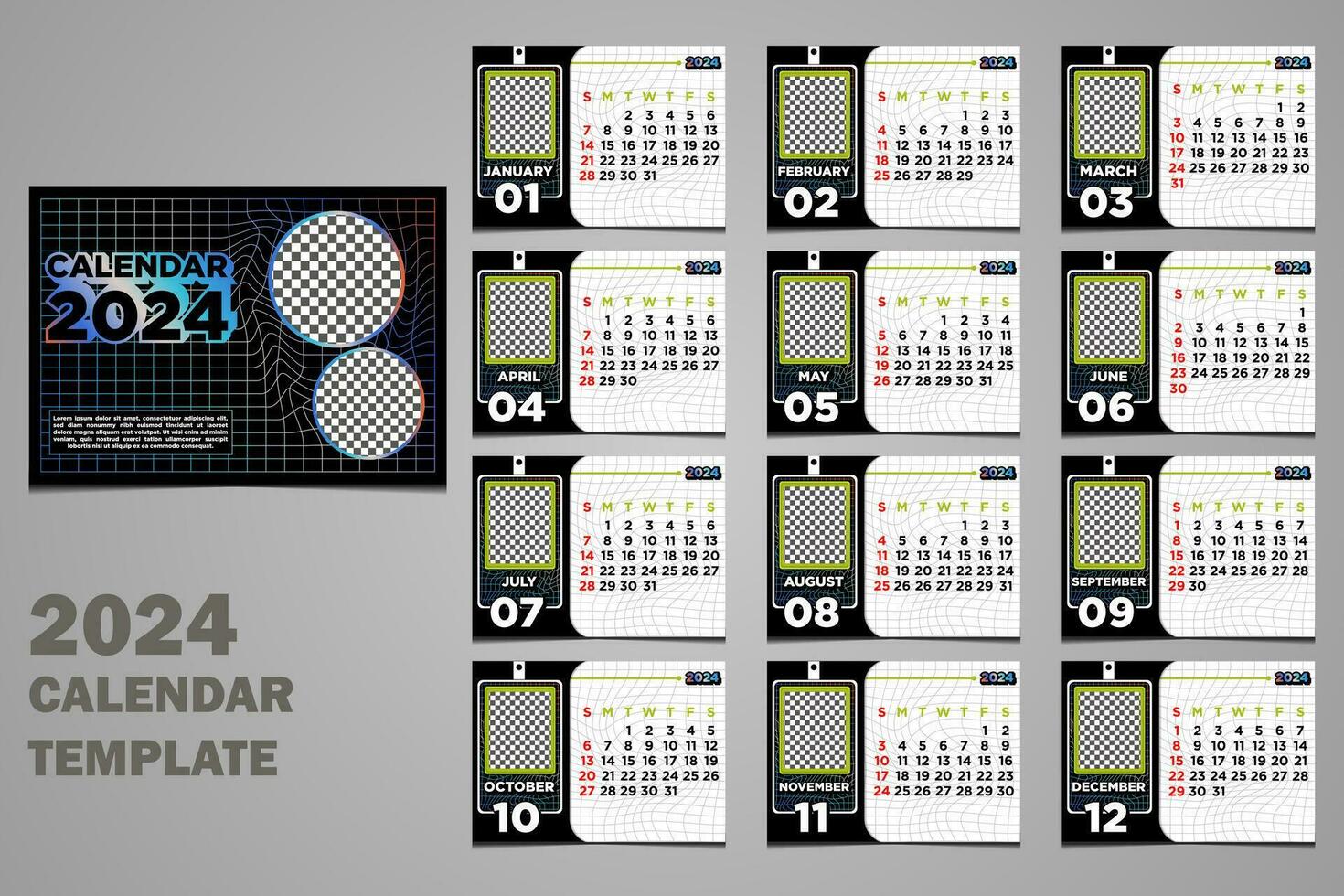 vektor skrivbord kalender 2024 mall med varp förvrängd teman