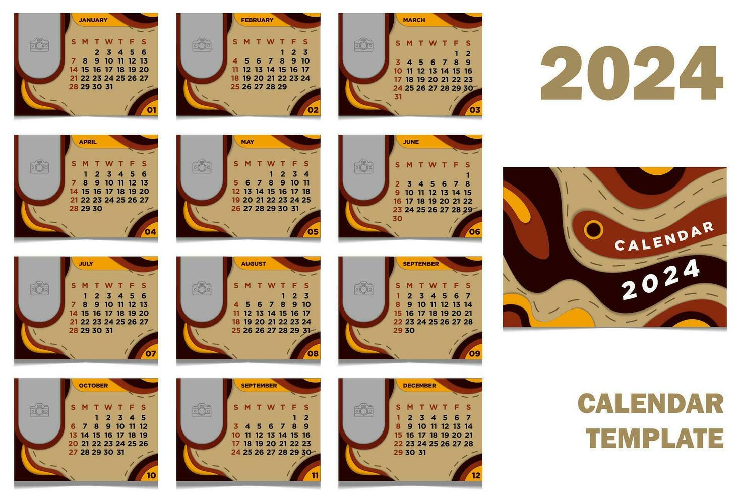 vektor skrivbord kalender 2024 mall abstrakt papper skära brun teman