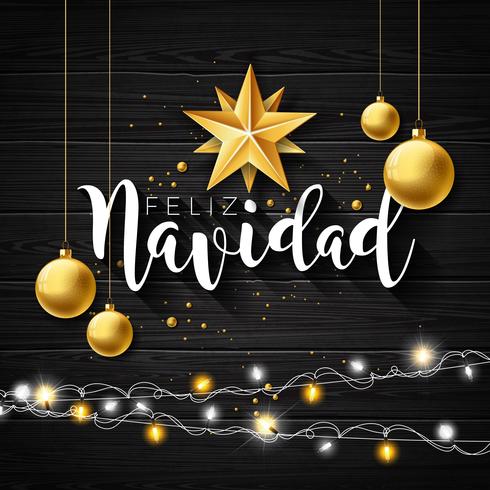 Julillustration med spanska Feliz Navidad Typografi och Gold Cutout Paper Star, Glasboll på Svart Vintage Wood Background. Vector Holiday Design