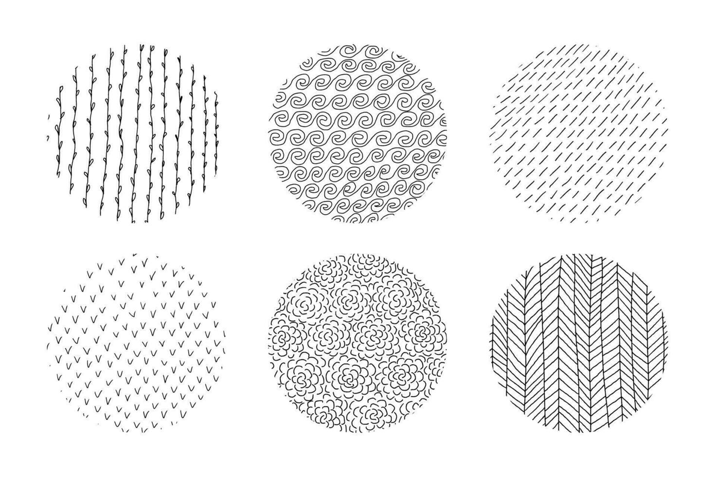 samling av abstrakt runda bläck texturer eller bakgrunder. hand dragen isolerat oärlig vågor, rader, klottrar, halvcirklar. samtida trendig illustration eller ikon mallar vektor