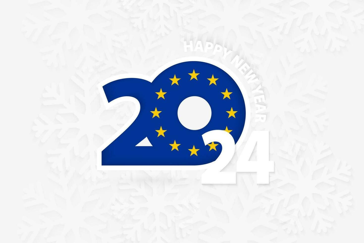 Neu Jahr 2024 zum europäisch Union auf Schneeflocke Hintergrund. vektor
