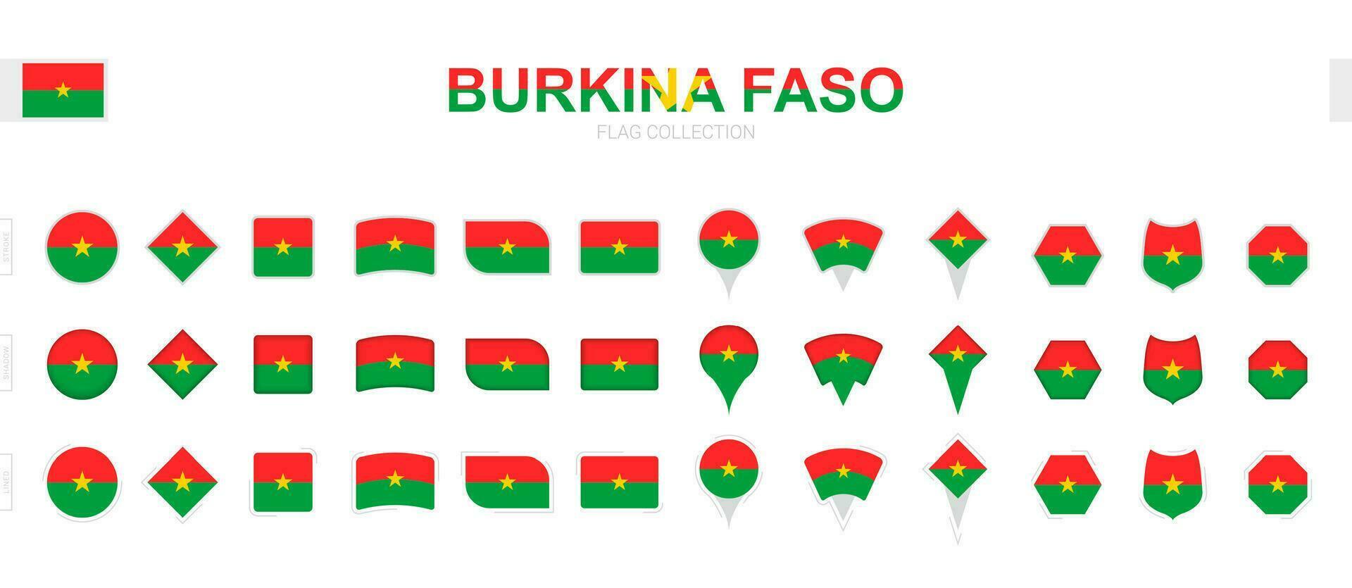 stor samling av Burkina faso flaggor av olika former och effekter. vektor