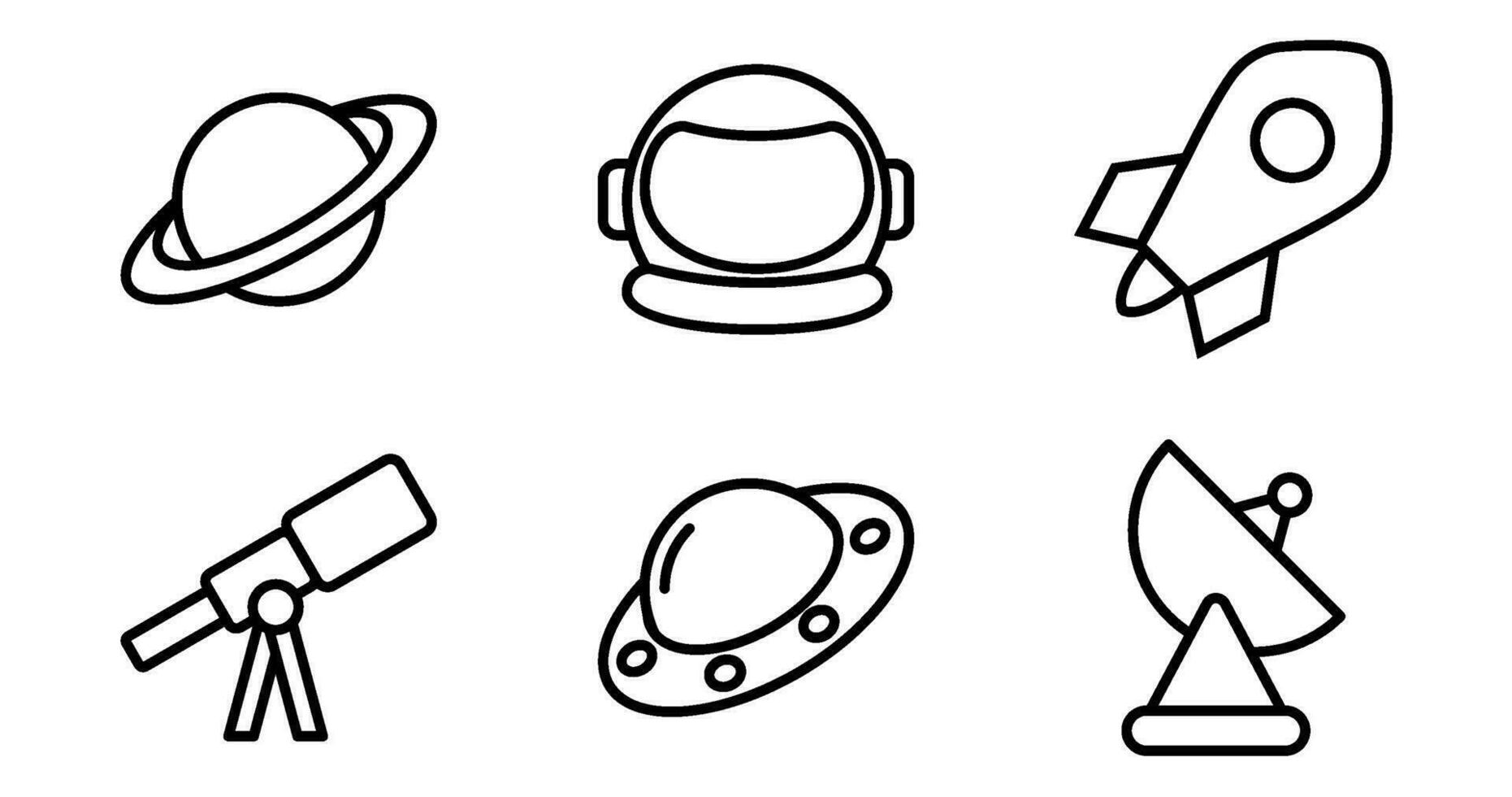 Raum Symbole. Vektor Grafik mit Designs von Planet, Rakete, Astronaut Helm, Fernrohr, Satellit, UFO. Symbol einstellen im Gliederung Stil