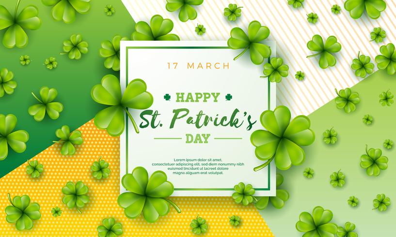 Vektor illustration av Happy Saint Patricks Day med grön fallande klöver på abstrakt bakgrund. Irish Beer Festival Celebration Holiday Design med typografi och Shamrock
