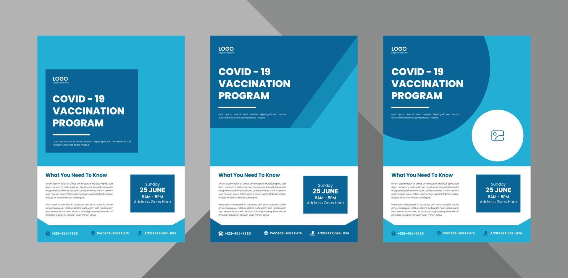 Covid-19-Impfprogramm Flyer Design-Vorlagenpaket. Broschüre zum Coronavirus-Impfplakat 3 in 1 Design. Bundle, 3 in 1, A4-Vorlage, Broschürendesign, Cover, Flyer, Poster, druckfertig vektor
