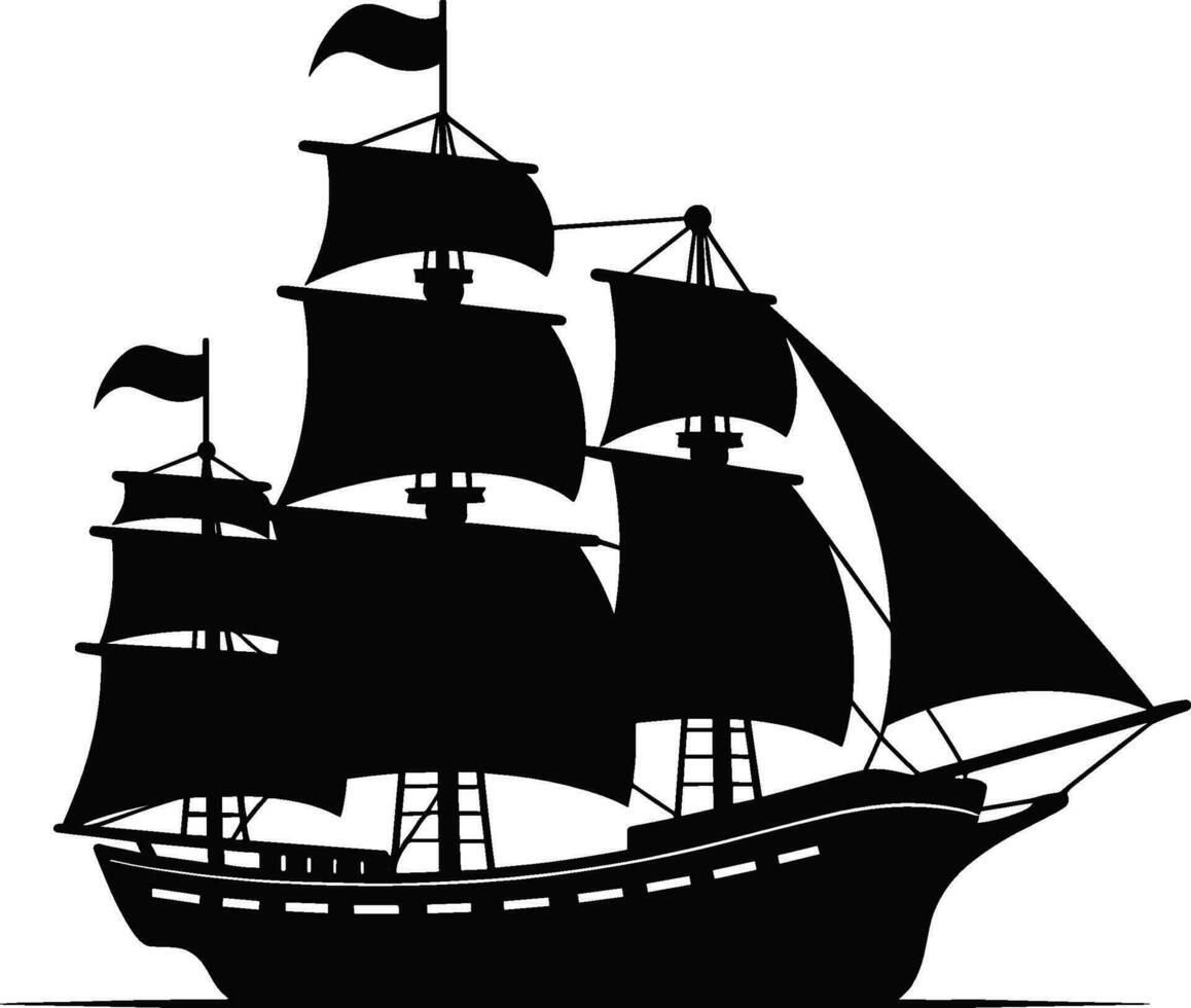 Brigantine Boot Segeln im Meer Wasser isoliert Segelboot mit Glasfaser Stoff und Flaggen. Vektor einfarbig Marine Yacht. ai generiert Illustration.
