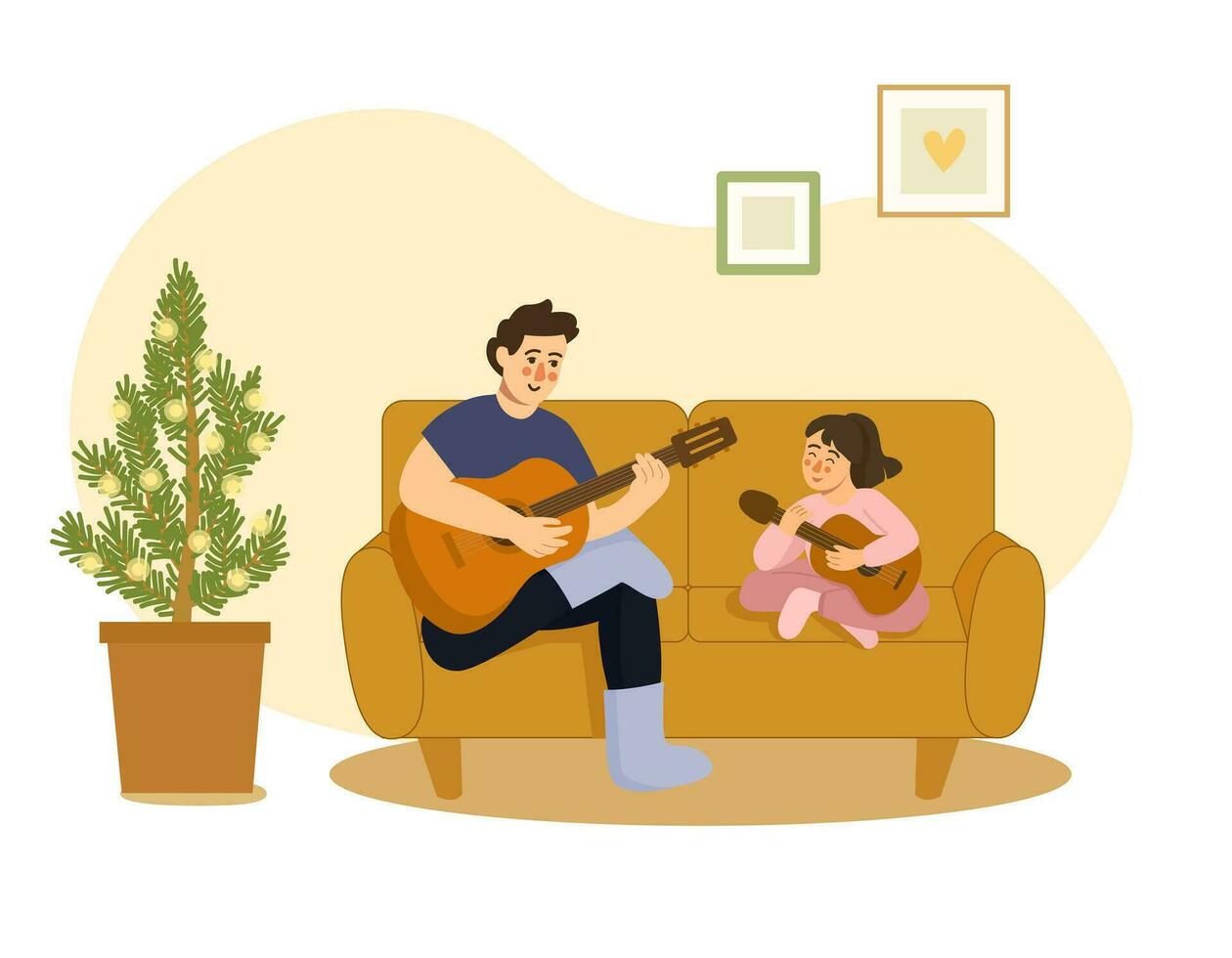 Papa und Tochter abspielen Gitarre während Sitzung auf das Sofa im ein Zimmer mit ein Weihnachten Baum vektor