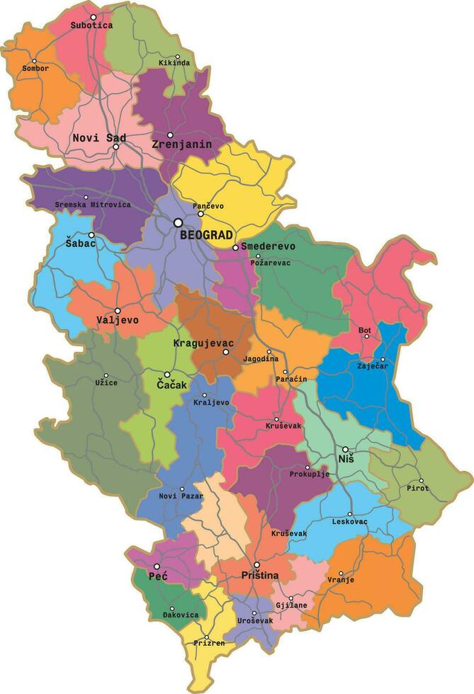 vektor färgad administrativ Karta av serbien. de territorium av en europeisk stat med stor städer, gränser av regioner och vägar.