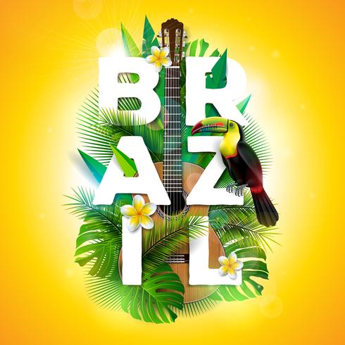 Vector Brasilien-Typografieillustration mit Tukanvogel, Akustikgitarre und Blume auf tropischem Betriebshintergrund. Entwurfsvorlage mit grünem Palmblatt