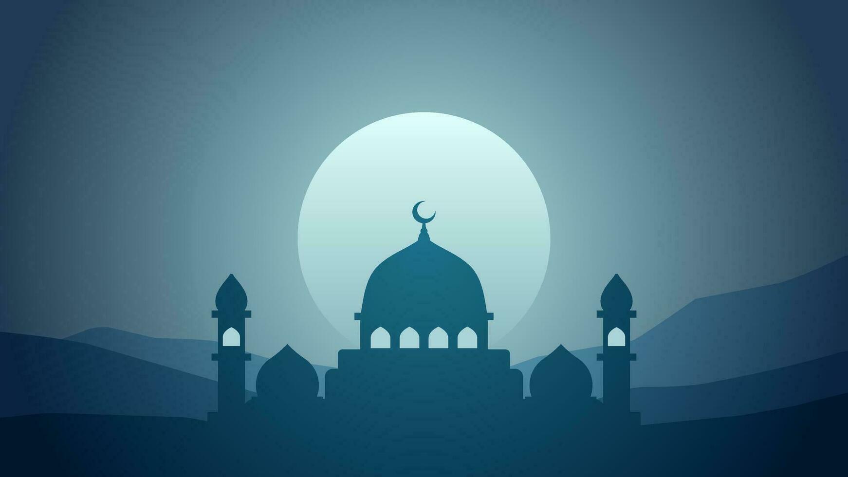 Ramadan Landschaft Silhouette im das Nacht Vektor Illustration. Ramadan Landschaft Design Grafik im Muslim Kultur und Islam Religion. Moschee Landschaft Illustration, Hintergrund oder Hintergrund