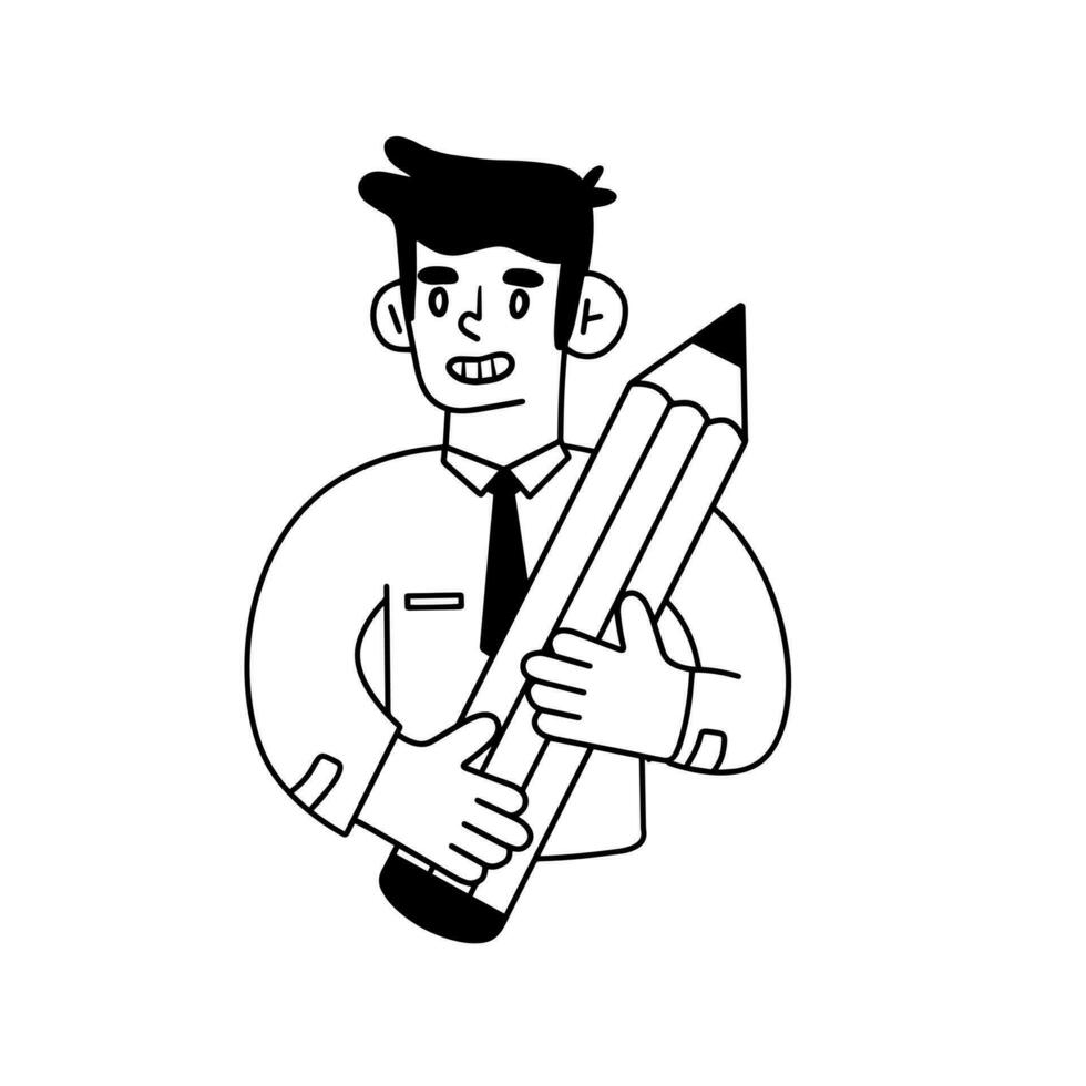 Geschäft Charakter. Mann im Hemd und Krawatte mit groß Bleistift. Herstellung bearbeitet. kreativ Beruf von Künstler. Gliederung Karikatur vektor