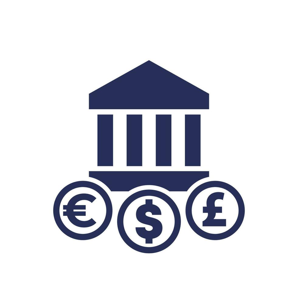 Bank Gebäude Symbol mit Dollar, Euro und Pfund vektor