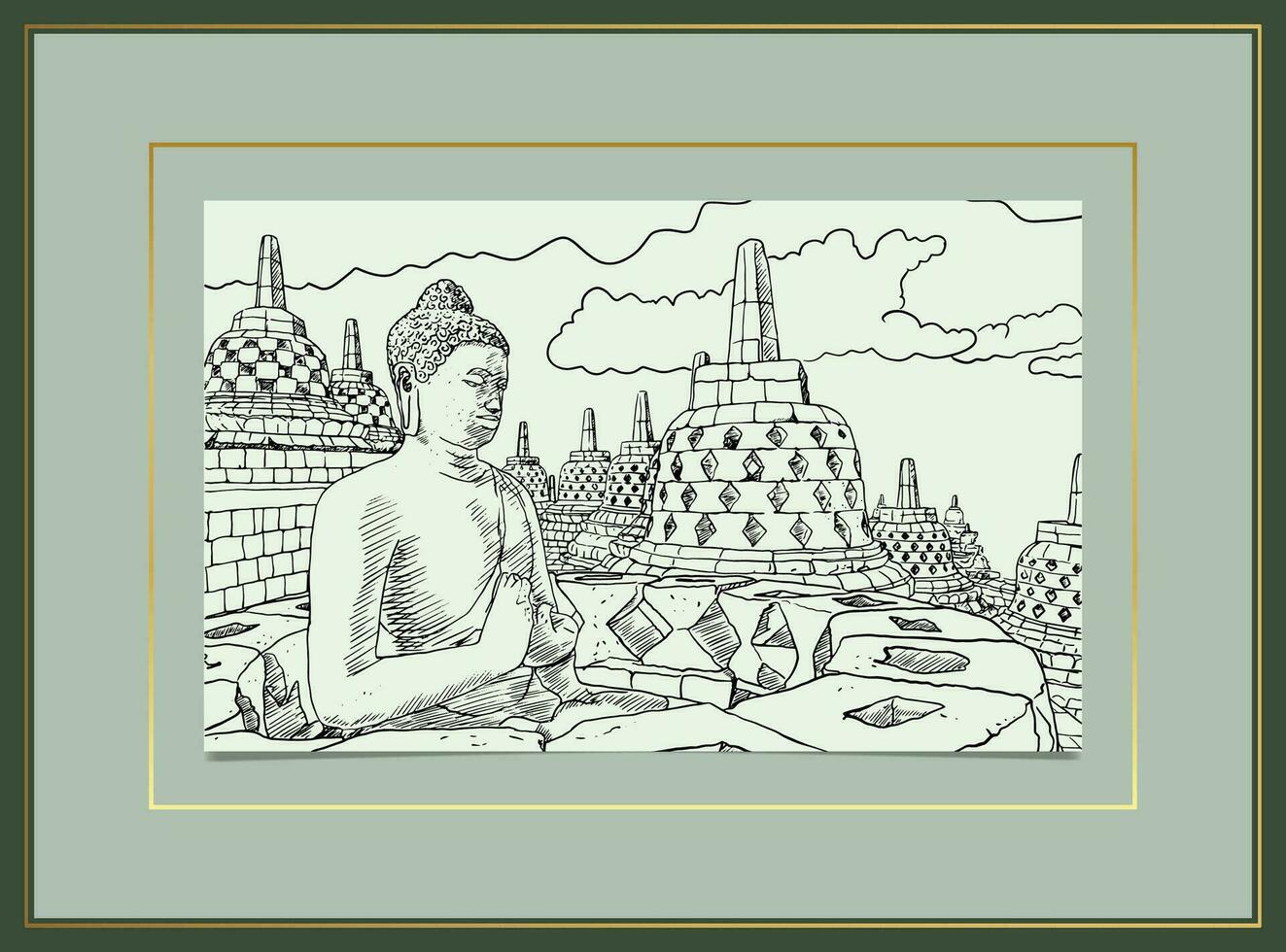 sketsa stupa borobudur, candi borobudur hand dragen skiss .eps 10 vektor