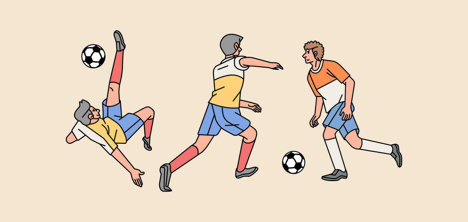 fotboll spelare karaktär i verkan olika poser uppsättning linje stil illustration vektor