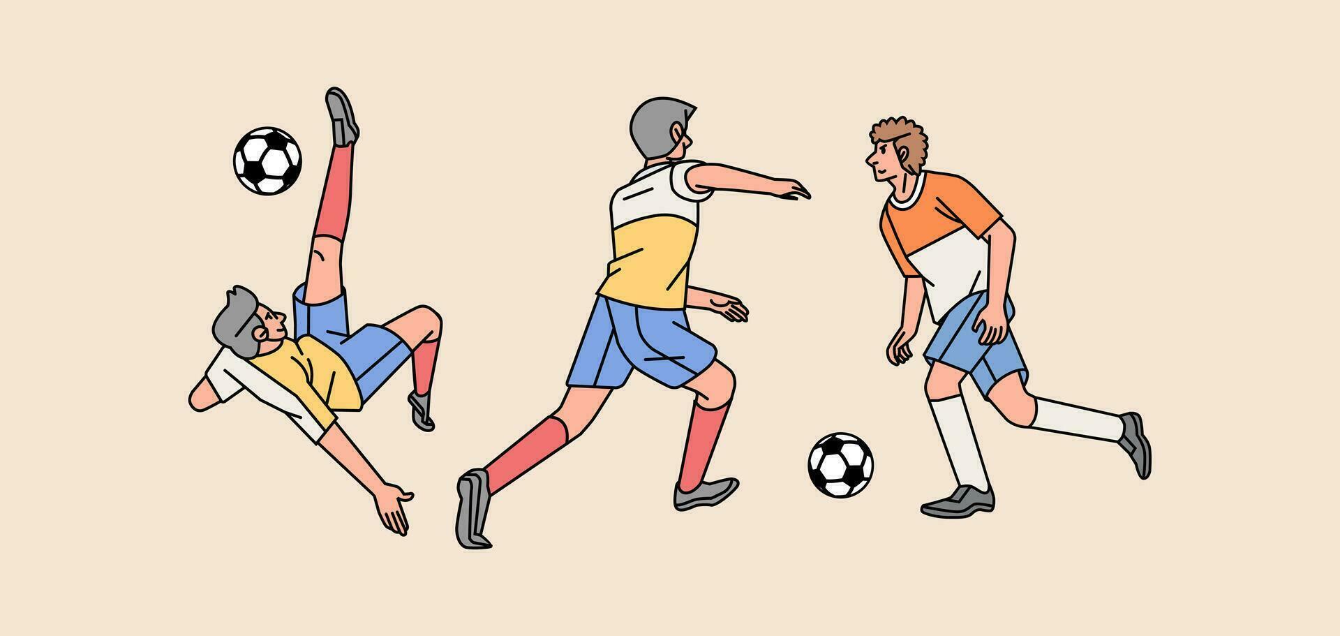 Fußball Spieler Charakter im Aktion verschiedene posiert einstellen Linie Stil Illustration vektor